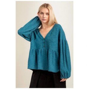 NWT Boutique Teal babydoll puff long sleeve rib tops
